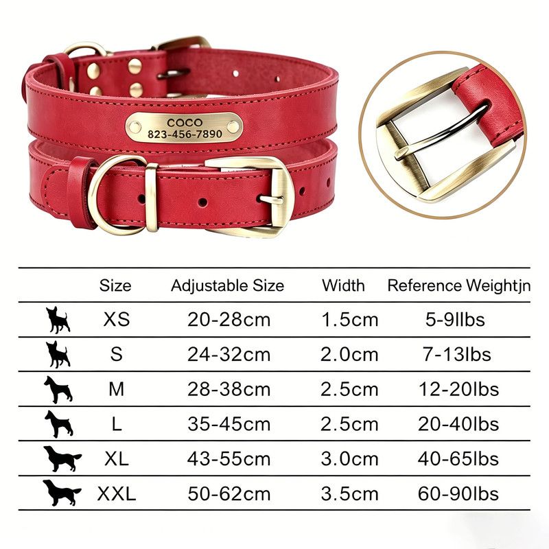 Premium Genuine Leather Dog Collar/Durable Real Leather Adjustable Collars For Male Female(L,Red) - Image 5