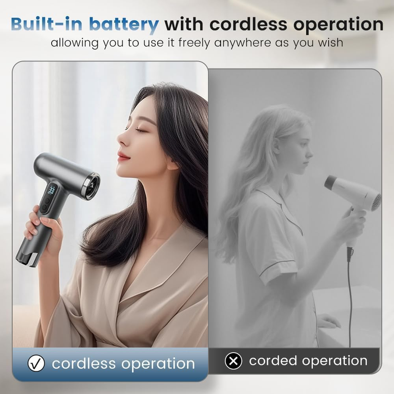Rechargeable Cordless Handheld Hair Dryer with LED Temperature Display, Portable USB Wireless Mini Blow Dryer for Travel Camping Home Use（Gray） - Image 3