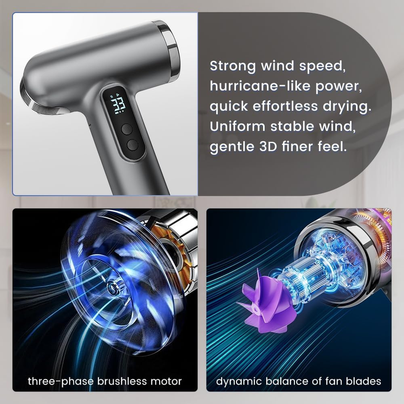 Rechargeable Cordless Handheld Hair Dryer with LED Temperature Display, Portable USB Wireless Mini Blow Dryer for Travel Camping Home Use（Gray） - Image 4