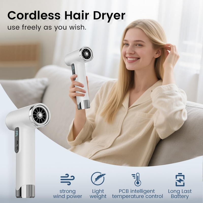Rechargeable Cordless Handheld Hair Dryer with LED Temperature Display, Portable USB Wireless Mini Blow Dryer for Travel Camping Home Use（Gray） - Image 5