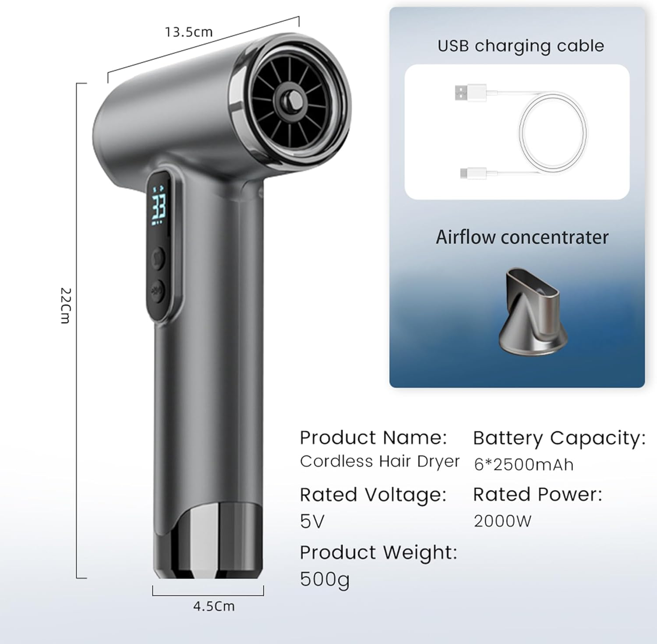Rechargeable Cordless Handheld Hair Dryer with LED Temperature Display, Portable USB Wireless Mini Blow Dryer for Travel Camping Home Use（Pink） - Image 7