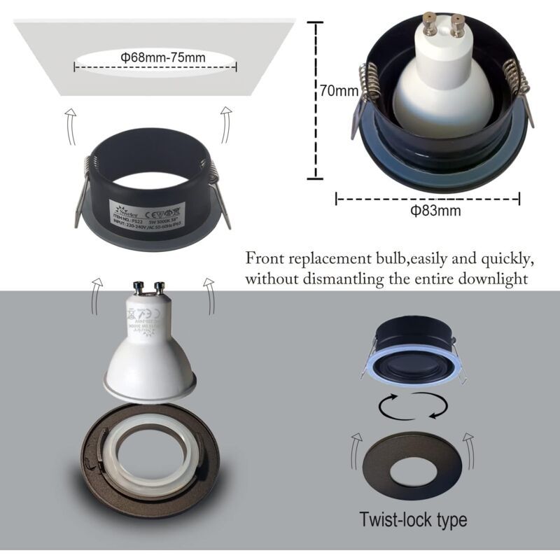 4 Pack Recessed Spotlights, LED 5W 3000K Warm White, IP65 Waterproof, Satin Nickel Black, Cutout 68 mm - Image 4