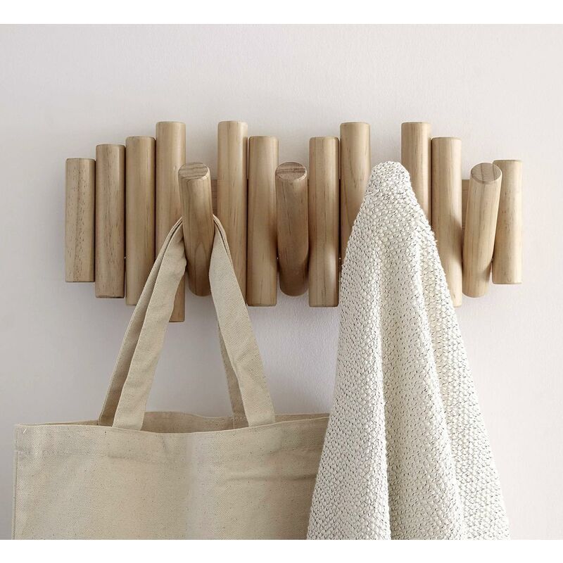 Wooden Wall Coat Rack with 5 Retractable Hooks, 37.1 x 16.5 x 4.4 cm - Image 2