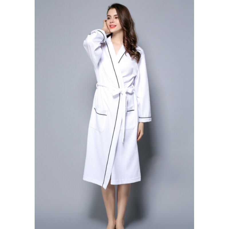 Women Bathrobe, Lightweight Waffle Cotton Unisex Dressing Gown, White L - Image 1