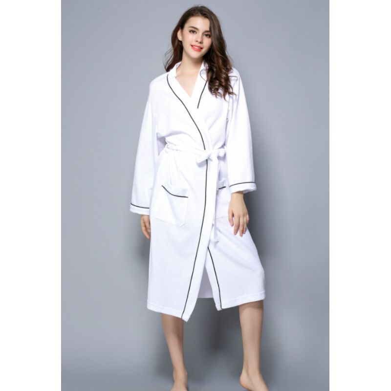 Women Bathrobe, Lightweight Waffle Cotton Unisex Dressing Gown, White L - Image 2