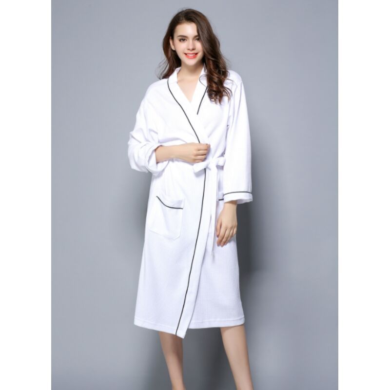 Women Bathrobe, Lightweight Waffle Cotton Unisex Dressing Gown, White L - Image 4