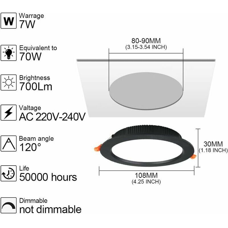 10 Pack Recessed LED Spotlight, 7W 3000K Warm White, IP44, AC 220 to 240V, Cutout 7 to 8.5 cm - Image 2