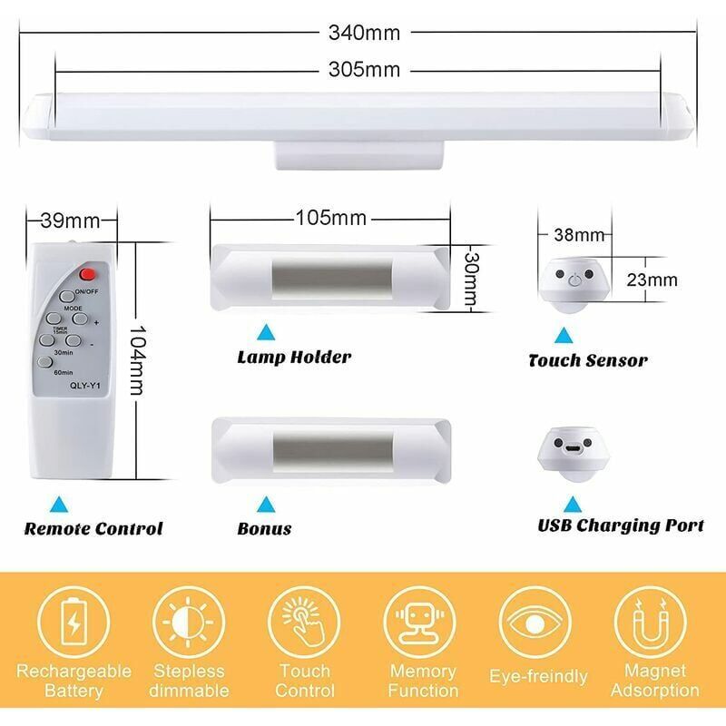 Dimmable LED Cupboard Lamp with Remote Control, Touch Rechargeable Wall Light, 34 cm - Image 2