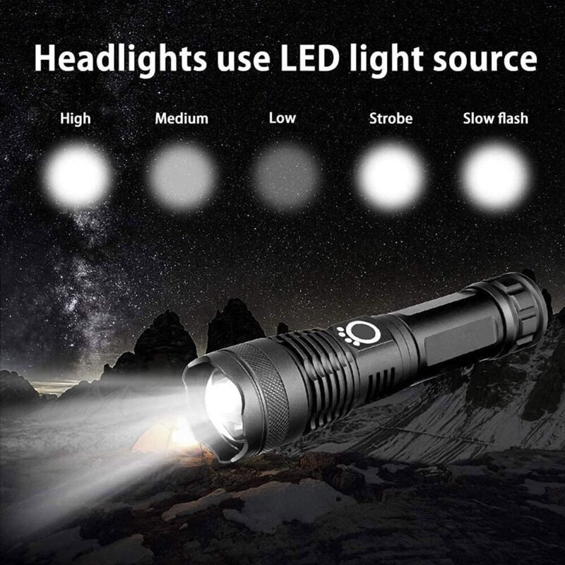 LED Flashlight, 5000 Lumens USB Rechargeable Tactical Torch, 5 Modes, Zoomable, Waterproof, 18650 Battery Included - Image 2