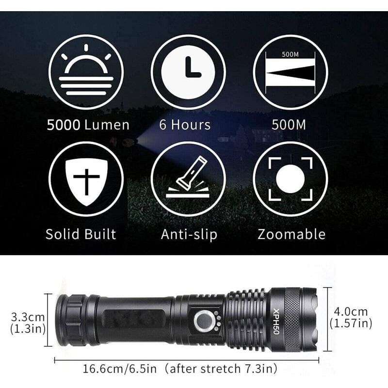 LED Flashlight, 5000 Lumens USB Rechargeable Tactical Torch, 5 Modes, Zoomable, Waterproof, 18650 Battery Included - Image 4