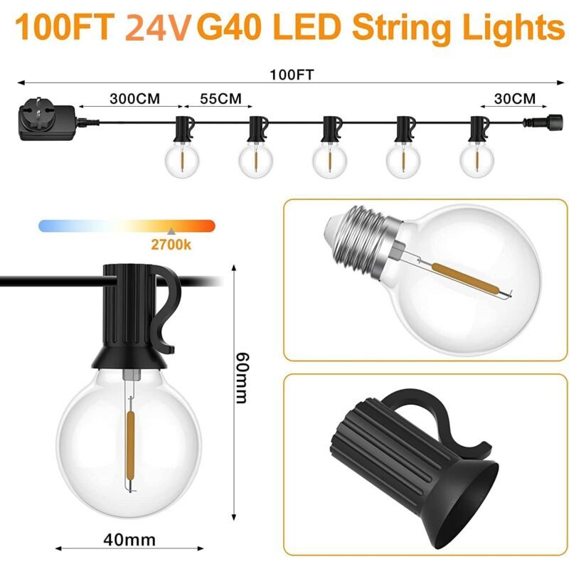Outdoor Light Garland, 30 m with 50 plus 2 G40 LED Bulbs, IP45 Waterproof, Warm White - Image 2