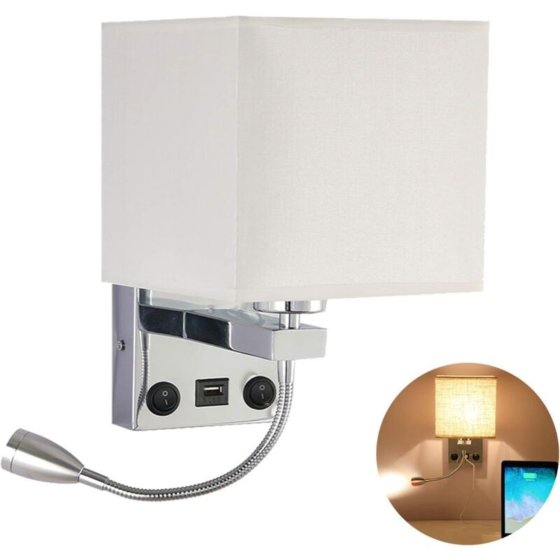 Bedside Wall Lamp with Flexible USB LED Reading Light, E27 Swing Arm Holder, 1 USB Port - Image 1