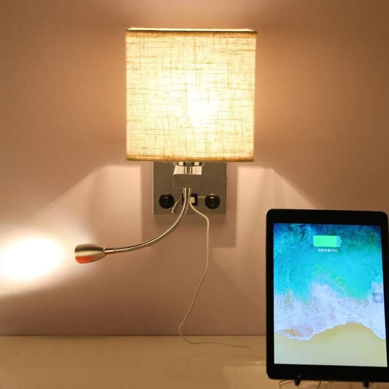 Bedside Wall Lamp with Flexible USB LED Reading Light, E27 Swing Arm Holder, 1 USB Port - Image 2