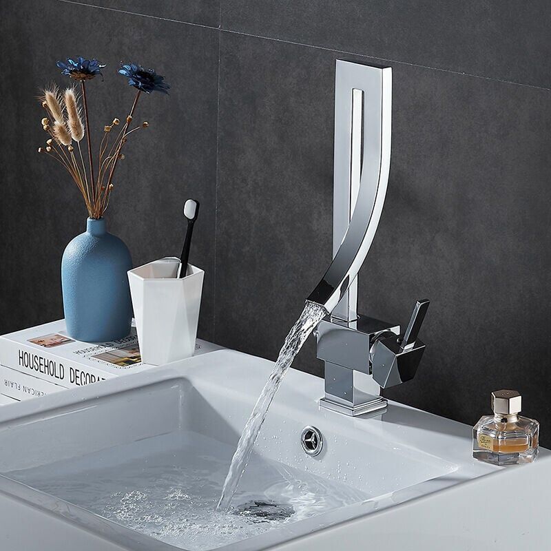 Brass Basin Faucet, Retro Waterfall Hot and Cold Bathroom Faucet, Silver - Image 1