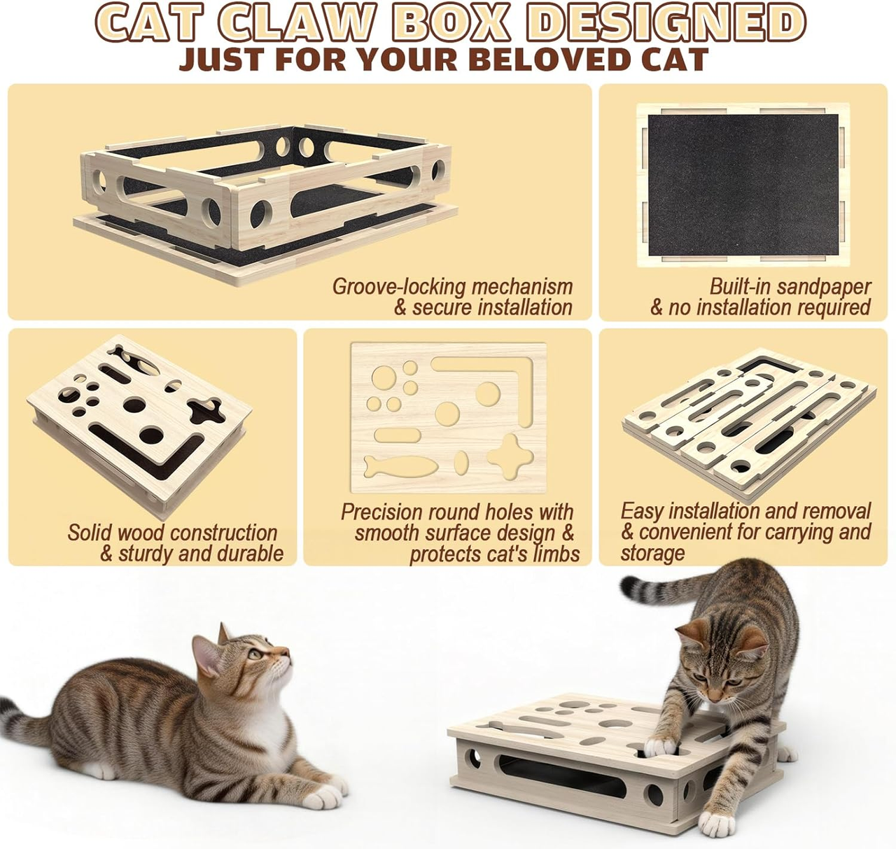 Multi-Functional Cat Claw Care Enrichment Box | Durable Wood Scratcher & Interactive Puzzle for Feline Wellness - Image 2
