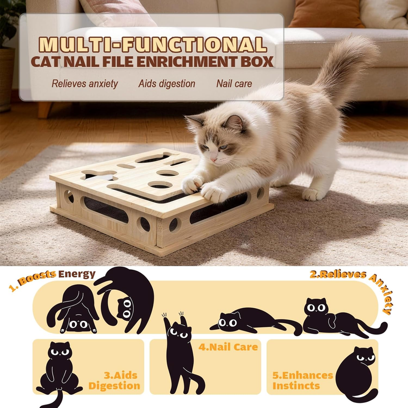 Multi-Functional Cat Claw Care Enrichment Box | Durable Wood Scratcher & Interactive Puzzle for Feline Wellness - Image 3