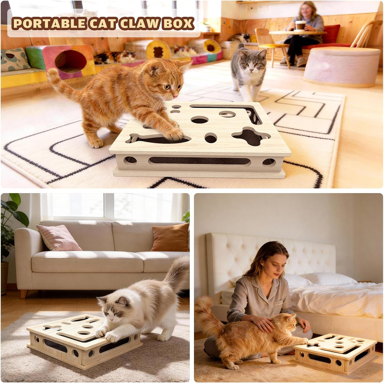 Multi-Functional Cat Claw Care Enrichment Box | Durable Wood Scratcher & Interactive Puzzle for Feline Wellness - Image 6