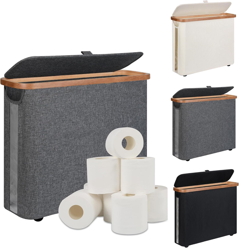 Toilet Paper Storage Basket with Lid, Holds 9-12 Rolls，gray - Image 1