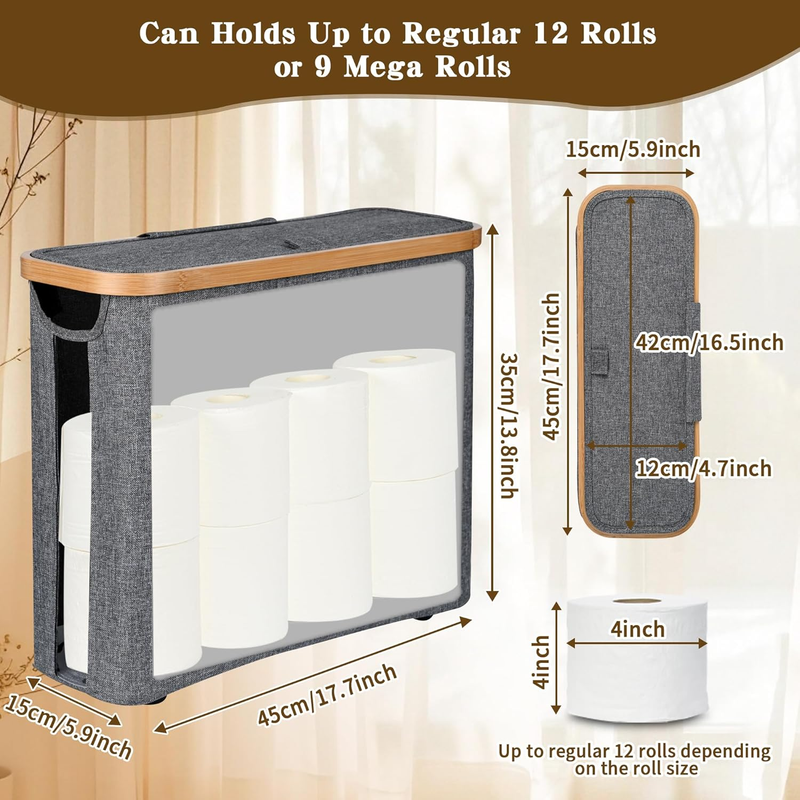 Toilet Paper Storage Basket with Lid, Holds 9-12 Rolls，gray - Image 2