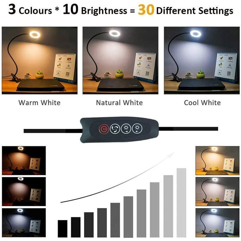 7W USB Clip Desk Lamp 48 LEDs 3 Colors 10 Brightness Levels Black - Image 2