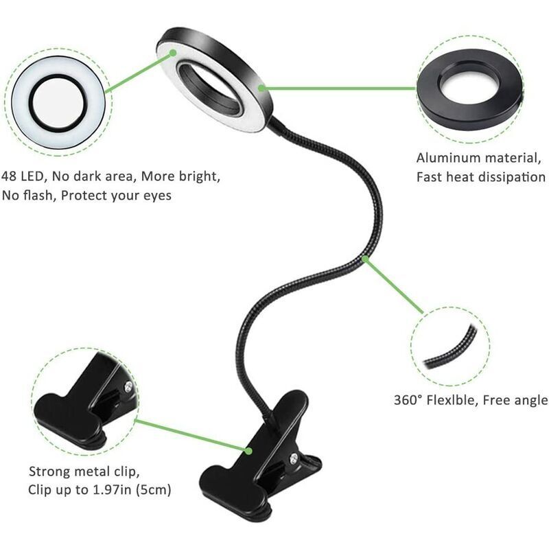 7W USB Clip Desk Lamp 48 LEDs 3 Colors 10 Brightness Levels Black - Image 4
