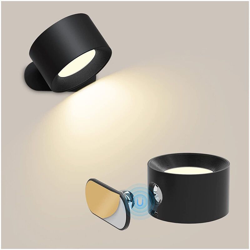 Touch LED Wall Lamp with USB Port 3 Brightness Levels 360 Degree Rotatable Black - Image 1