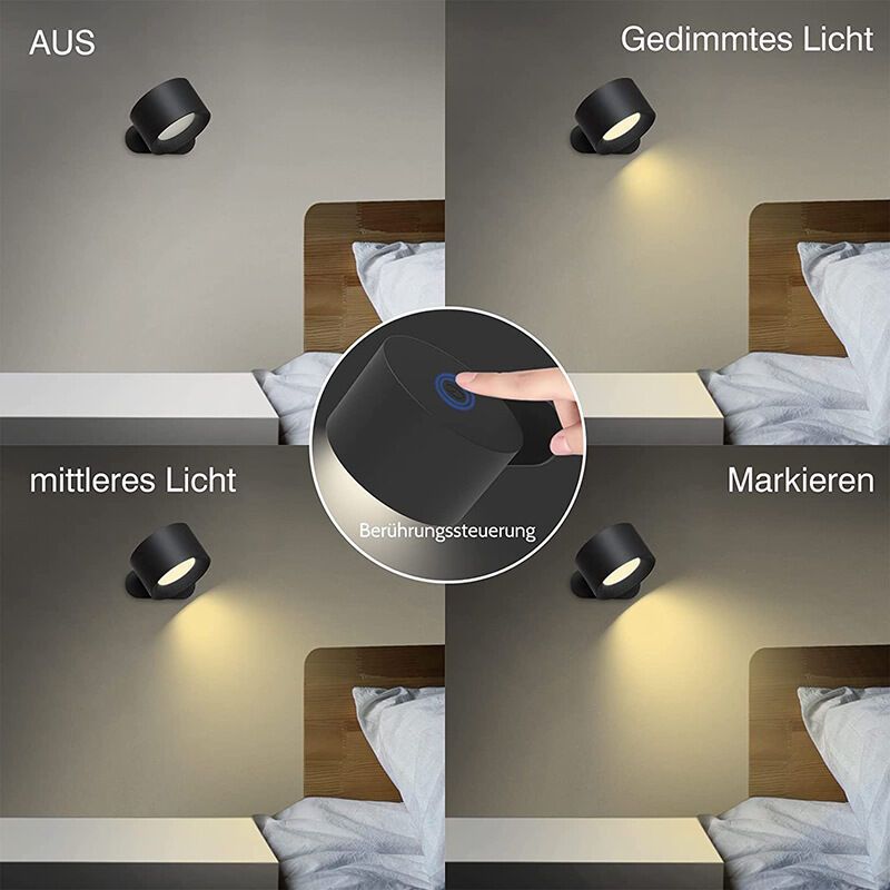 Touch LED Wall Lamp with USB Port 3 Brightness Levels 360 Degree Rotatable Black - Image 2