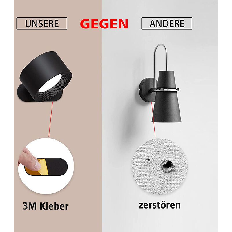 Touch LED Wall Lamp with USB Port 3 Brightness Levels 360 Degree Rotatable Black - Image 3