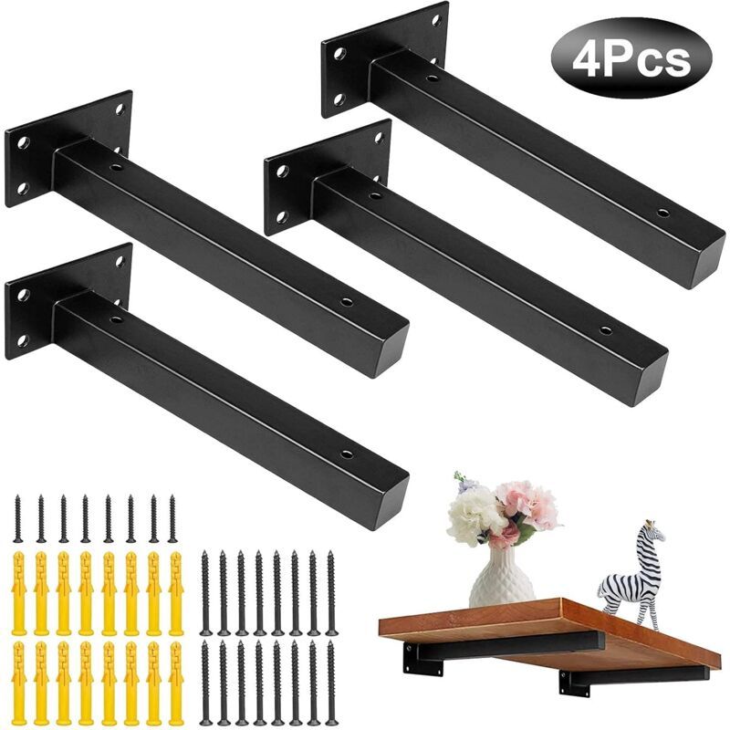 4 Pcs Industrial Wall Shelf Brackets Black Metal with Screws, 250 mm - Image 1