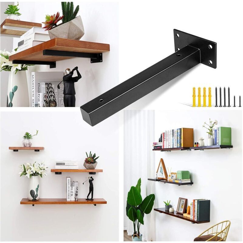 4 Pcs Industrial Wall Shelf Brackets Black Metal with Screws, 250 mm - Image 4