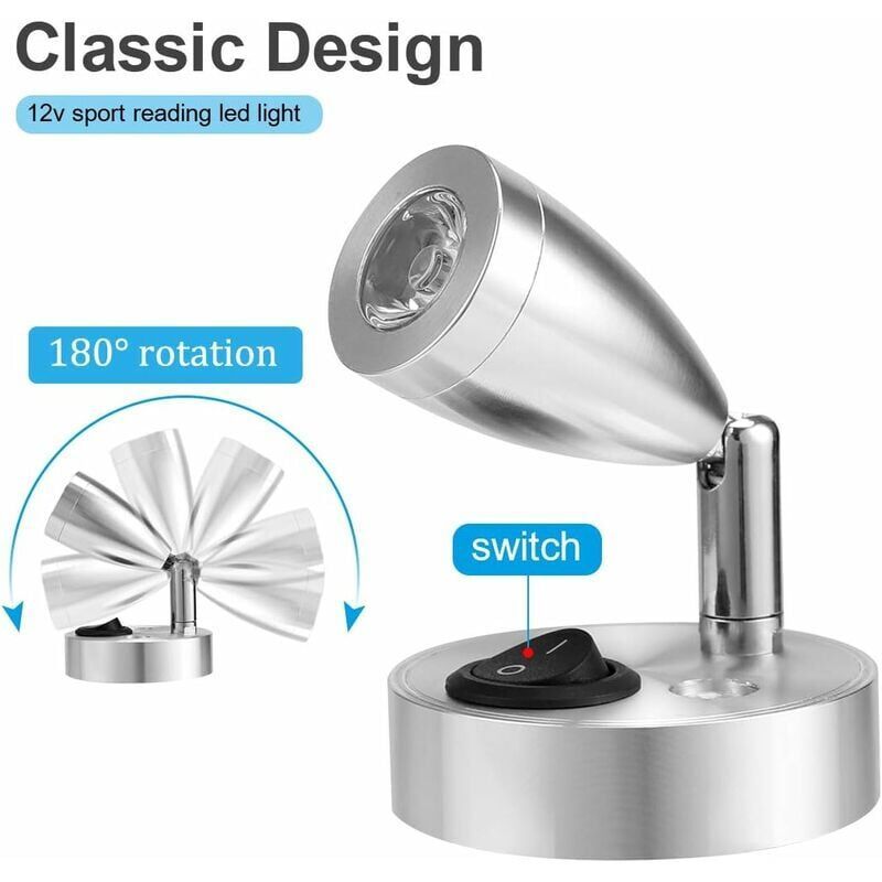 2 Pcs 12V LED Spot Reading Lights 3000K 3W Adjustable Switch Silver - Image 2