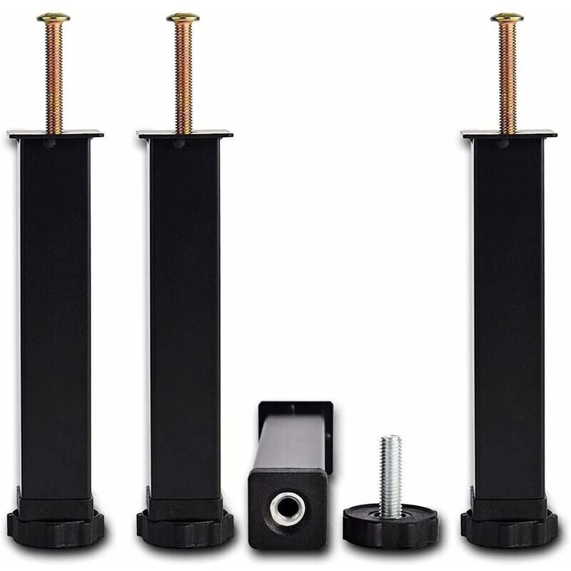 4 Pcs Black Screw In Metal Bed Legs Adjustable Slat Feet, 20 cm Plus 2 cm, 3 x 3 cm - Image 1