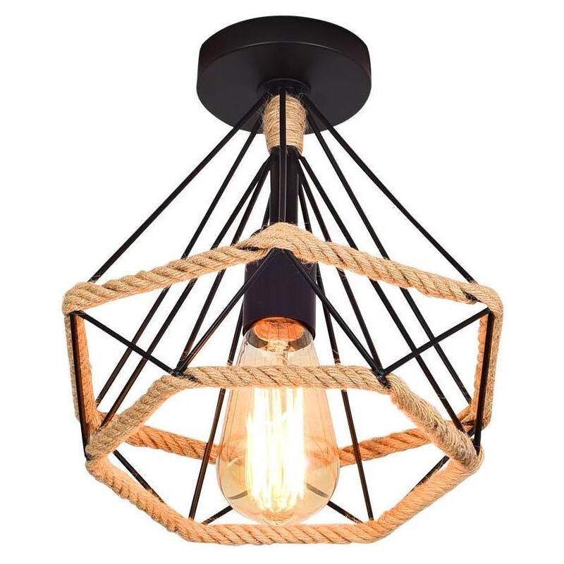 Vintage Industrial Metal Cage Ceiling Lamp with Hemp Rope, 25 cm - Image 1
