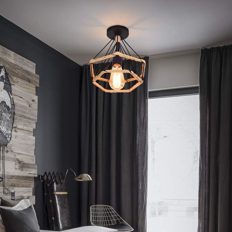 Vintage Industrial Metal Cage Ceiling Lamp with Hemp Rope, 25 cm - Image 2