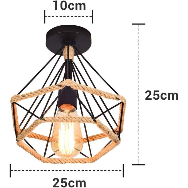 Vintage Industrial Metal Cage Ceiling Lamp with Hemp Rope, 25 cm - Image 3