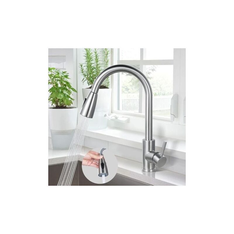 304 Stainless Steel Pull Out Kitchen Sink Mixer Faucet 360 Degree Rotatable - Image 1