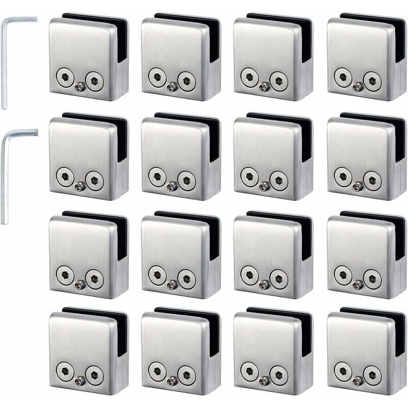 16 Pcs Stainless Steel Square Glass Clamps for Stair Railing, 8 to 10 mm - Image 1