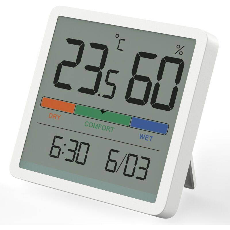 White Indoor Hygrometer Thermometer Digital Temperature Humidity Monitor with Clock - Image 1
