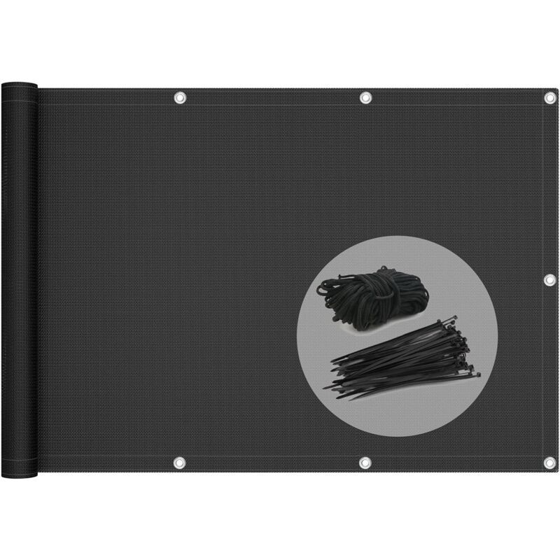 Black HDPE Balcony Privacy Screen 200g m2 with Cable Ties and Cords, 500 x 90 cm - Image 1