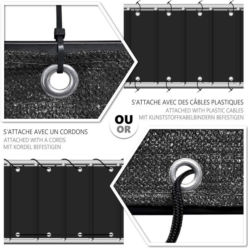 Black HDPE Balcony Privacy Screen 200g m2 with Cable Ties and Cords, 500 x 90 cm - Image 3