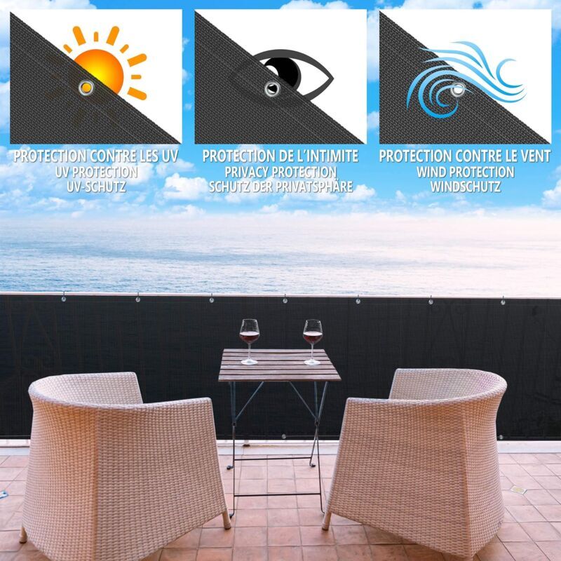 Black HDPE Balcony Privacy Screen 200g m2 with Cable Ties and Cords, 500 x 90 cm - Image 4