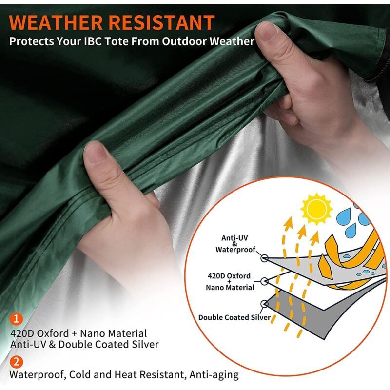 Green Waterproof Anti UV Dustproof Protective Cover for 1000L IBC Tank, 120 x 100 x 116 cm - Image 3