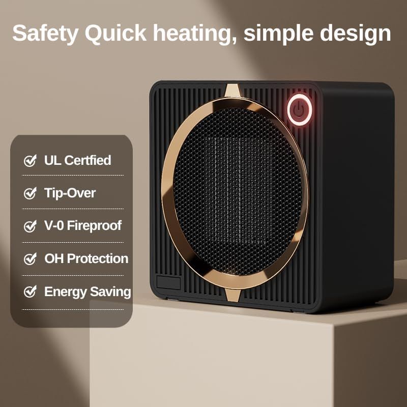 Portable Mini Space Heater, 500W PTC Ceramic Fast Heating Desktop Heater with Overheat & Tip-Over Protection, 180° Wide Angle Quiet Personal Heater for Office, Home, Bedroom - Black - Image 2
