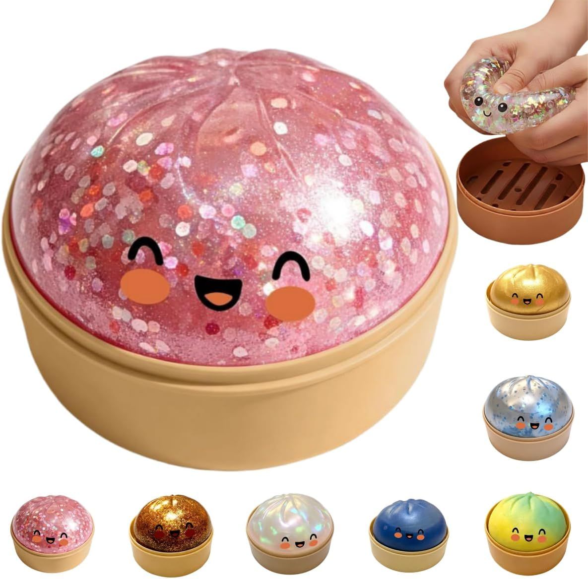 Jumbo Rainbow Dumpling Squishy with Steamer Box, Pink - Image 1