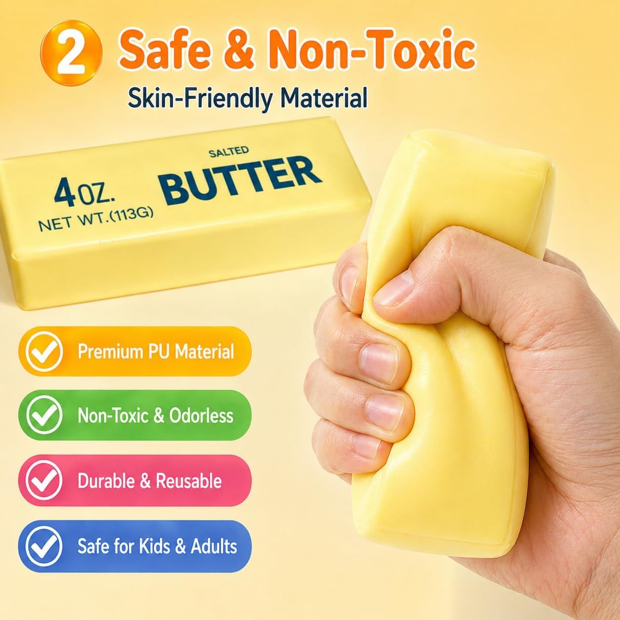 2-Pack Butter Stick Squishy Set, Soft Slow-Rise Squeeze Items, Yellow and Pink - Image 3