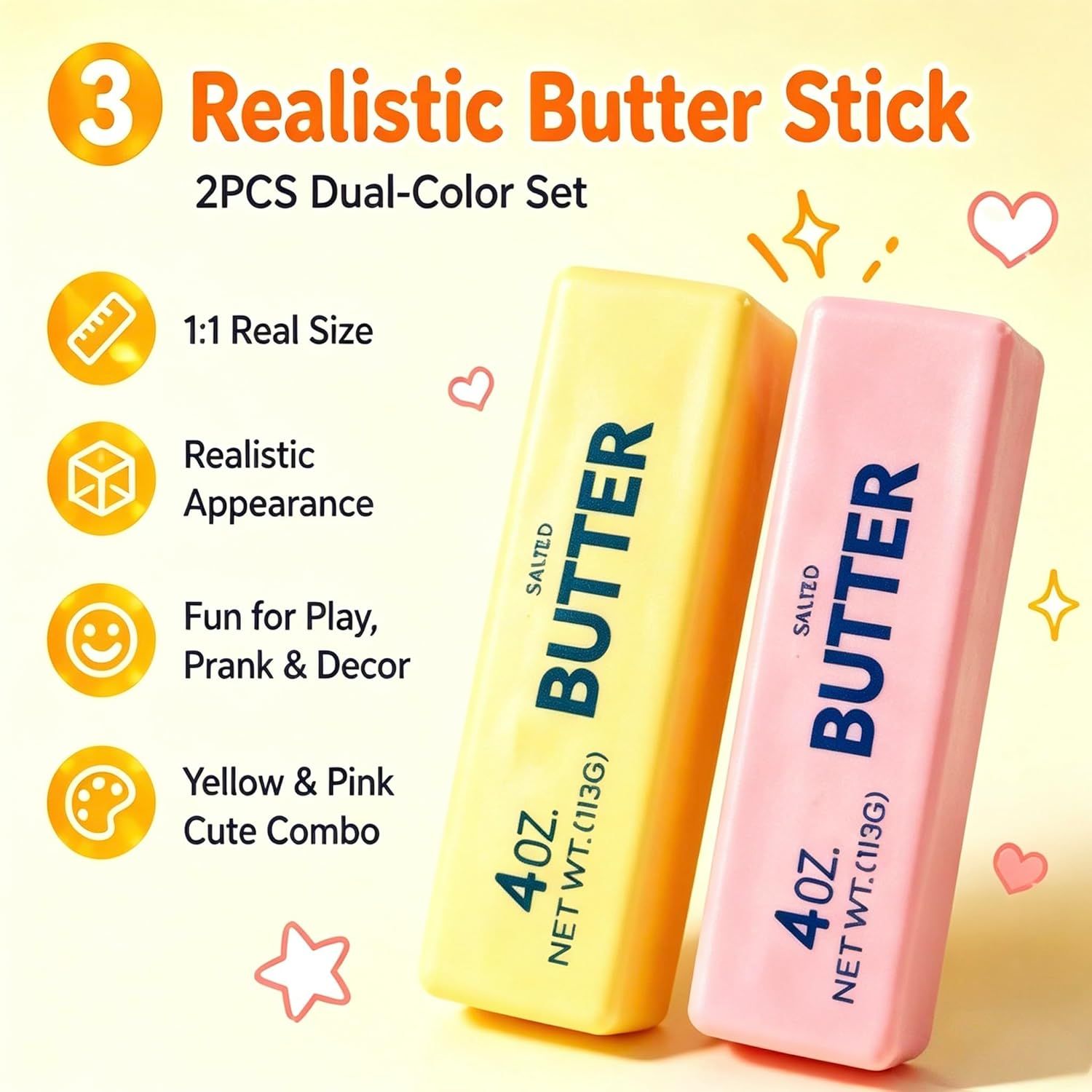2-Pack Butter Stick Squishy Set, Soft Slow-Rise Squeeze Items, Yellow and Pink - Image 4