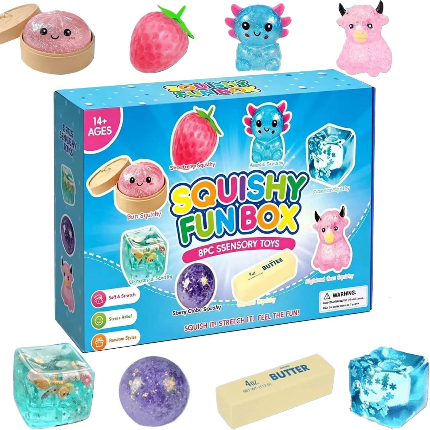 8-Piece Squishy Box Set, Strawberry, Cat Paw and Cheese Designs - Image 1