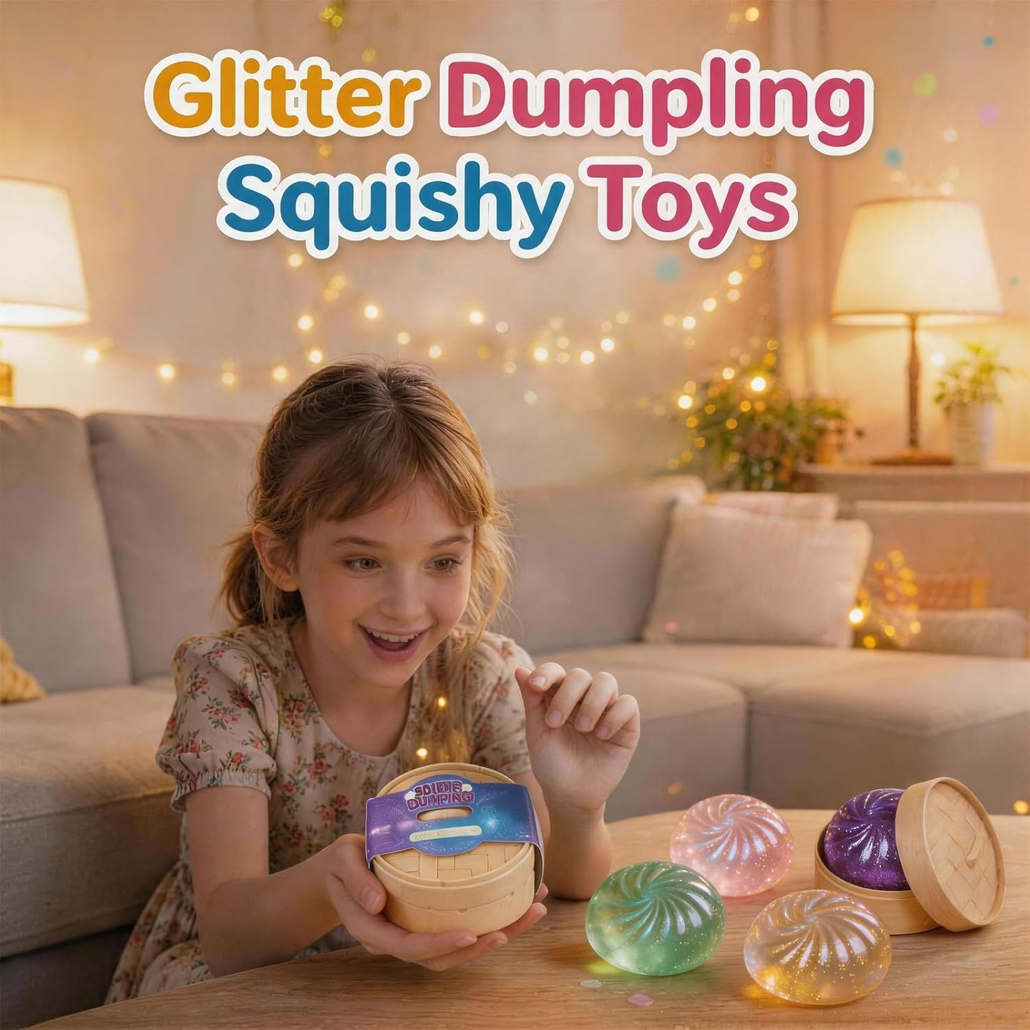 12-Pack Glitter Dumpling Squishies with Steamer Set - Image 3