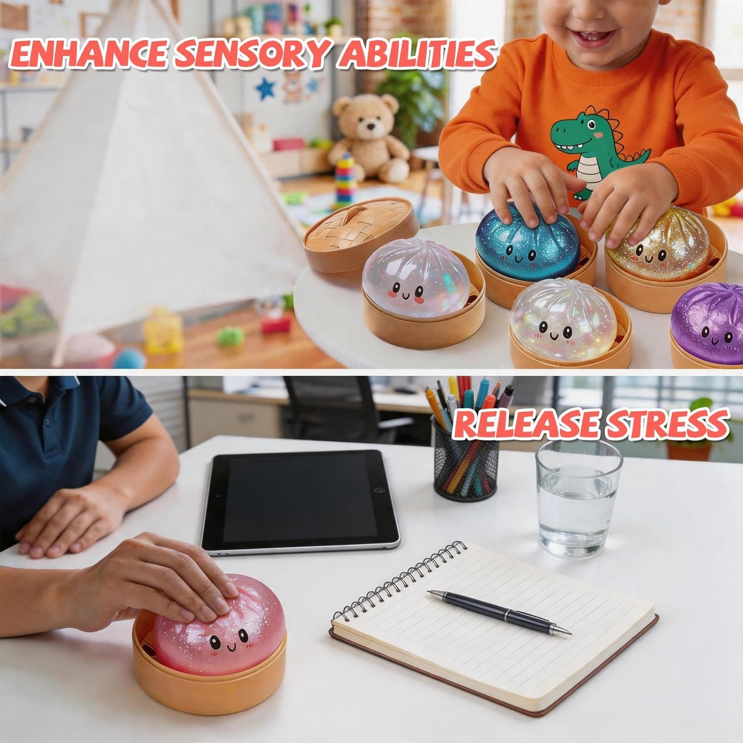 12-Pack Glitter Dumpling Squishies with Steamer Set - Image 6