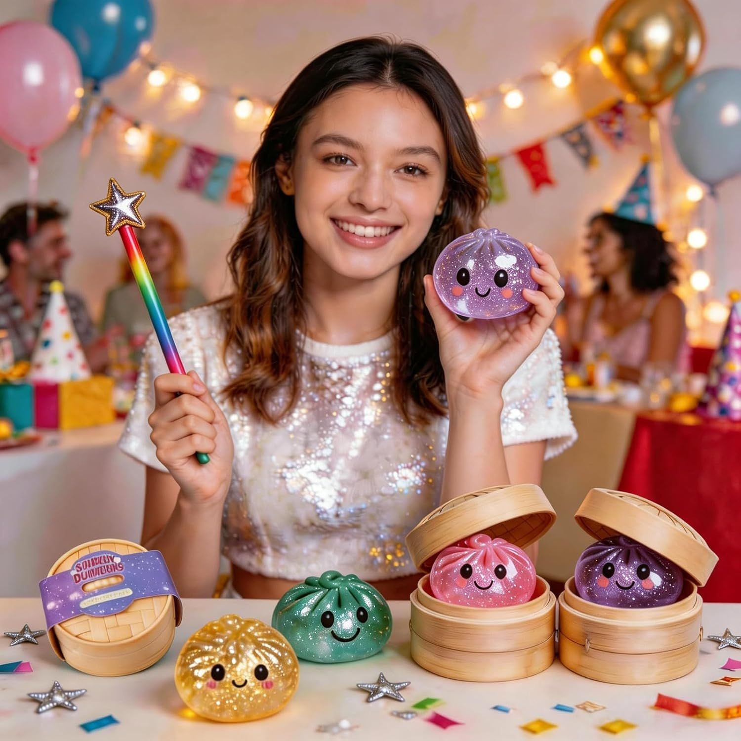 12-Pack Glitter Dumpling Squishies with Steamer Set - Image 8